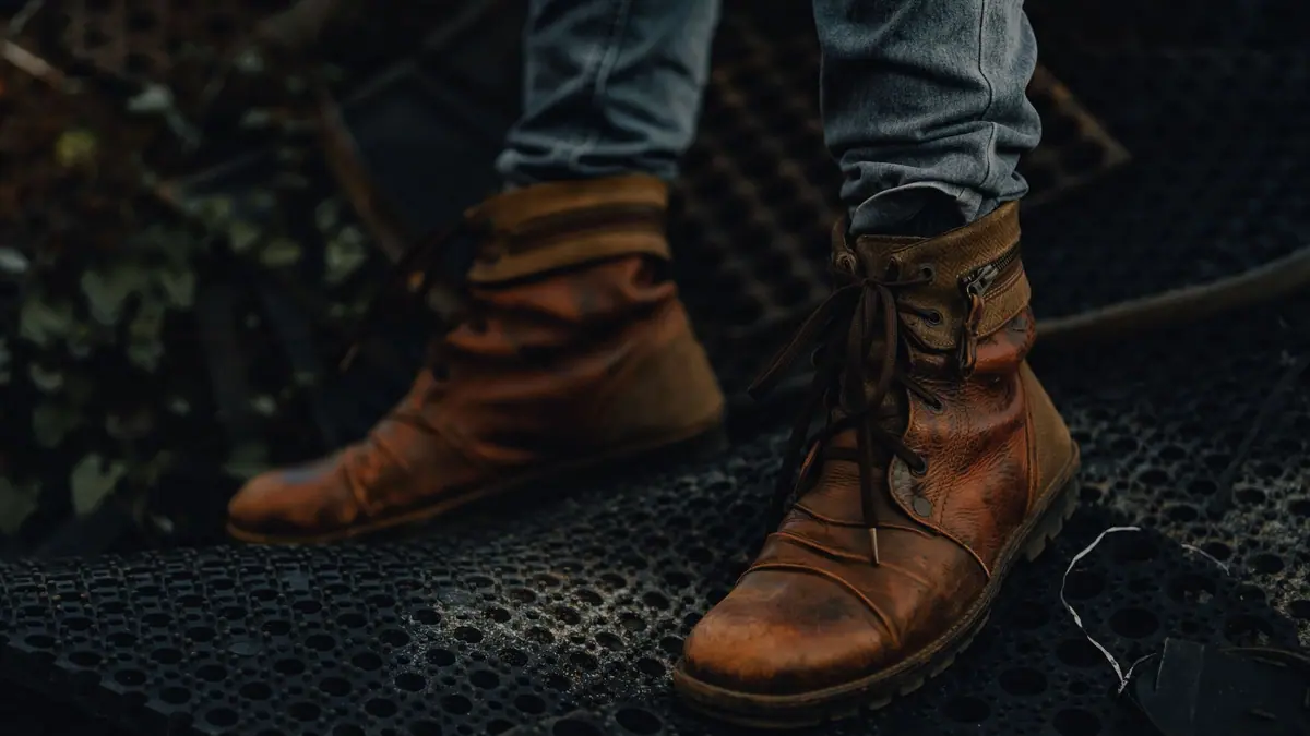 A pair of brown leather boots on a wooden floor
