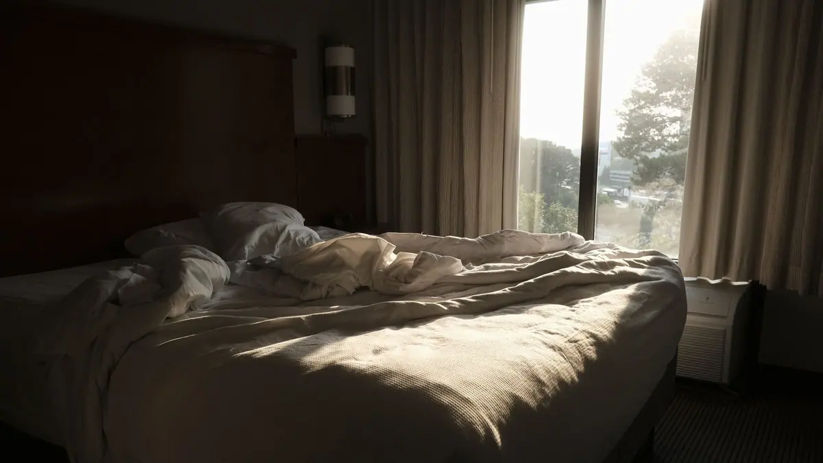 A made bed with pillows in a quiet bedroom