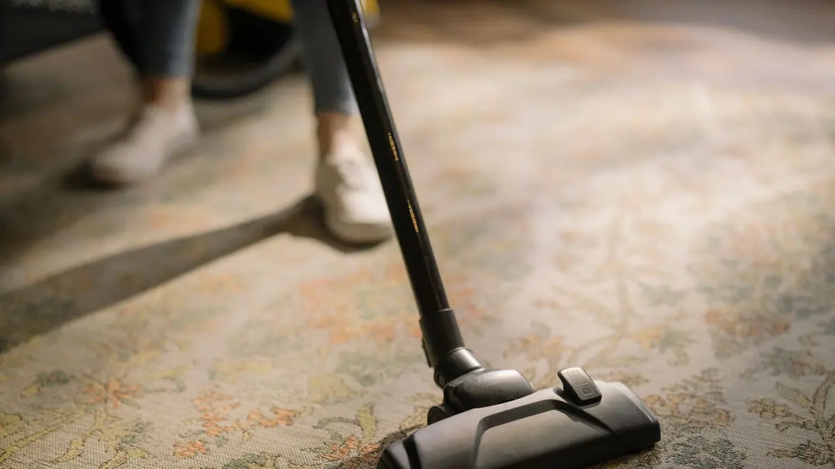 An upright vacuum cleaner on a carpeted floor