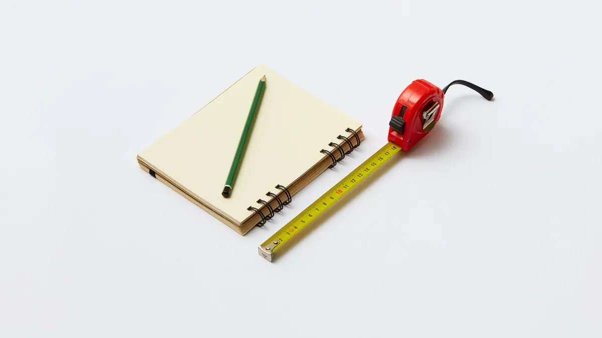 A tape measure and notebook on a table