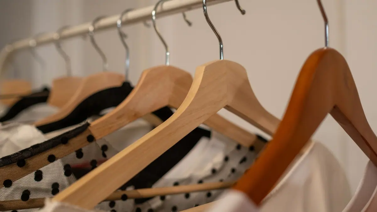 Clothing on hangers in a wardrobe